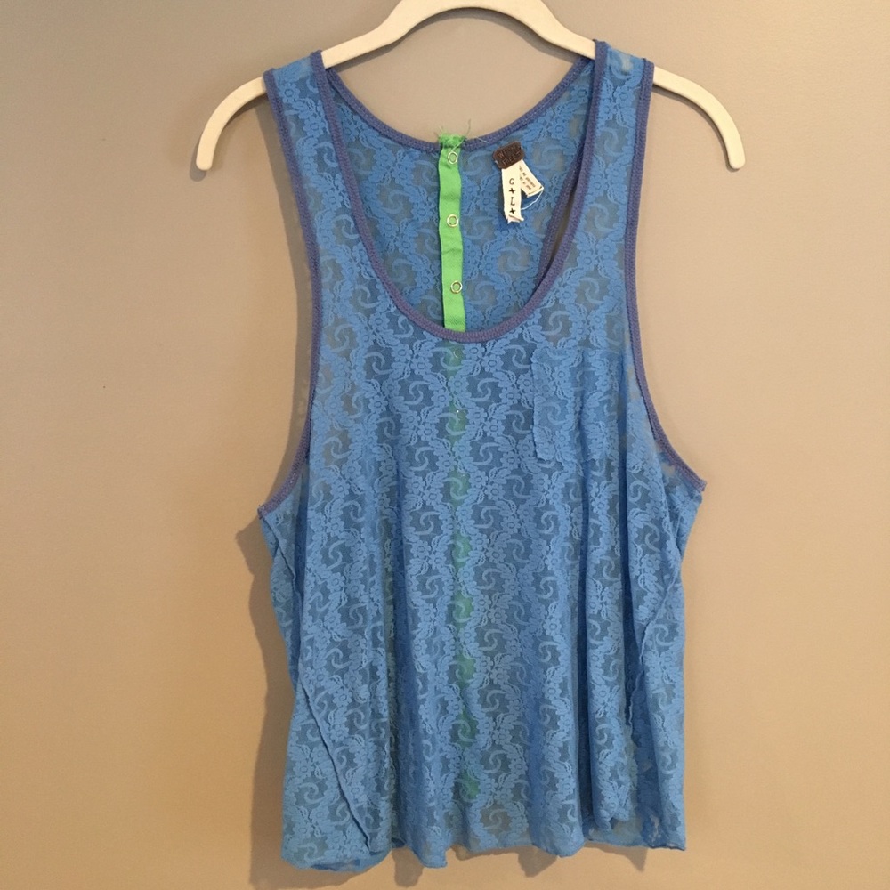 Blue lace tank with slime green snaps in back